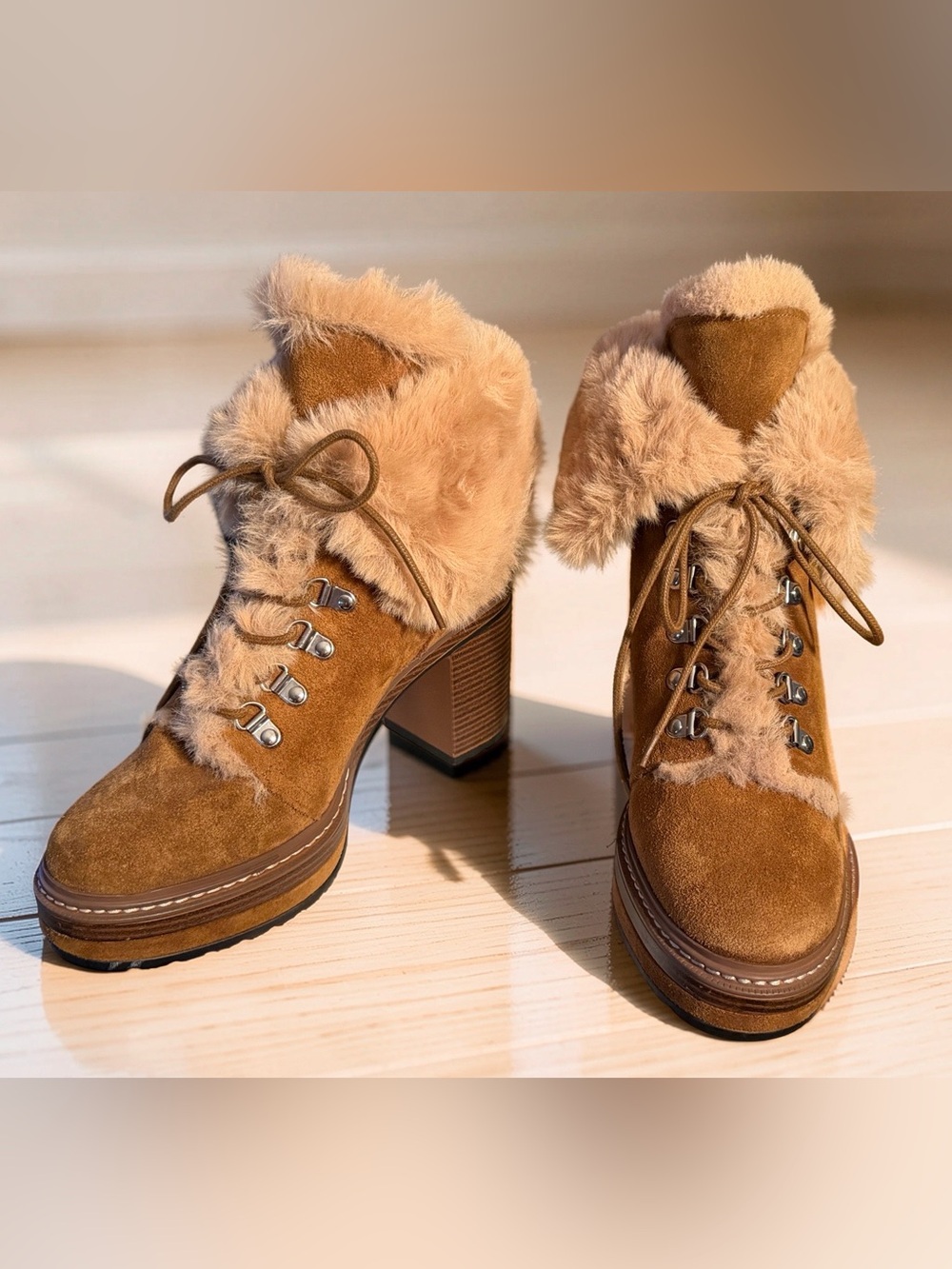 Steve Madden NWT Sz 9M Scoops Faux Fur Lace-Up Suede Ankle Boots (SH429)